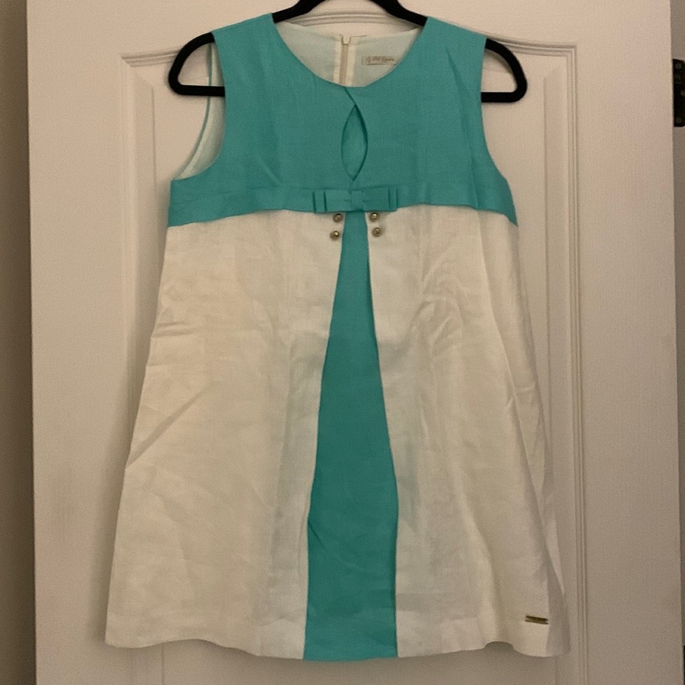 Pili Carrera - Girls Dress. - aqua and white. Size 16